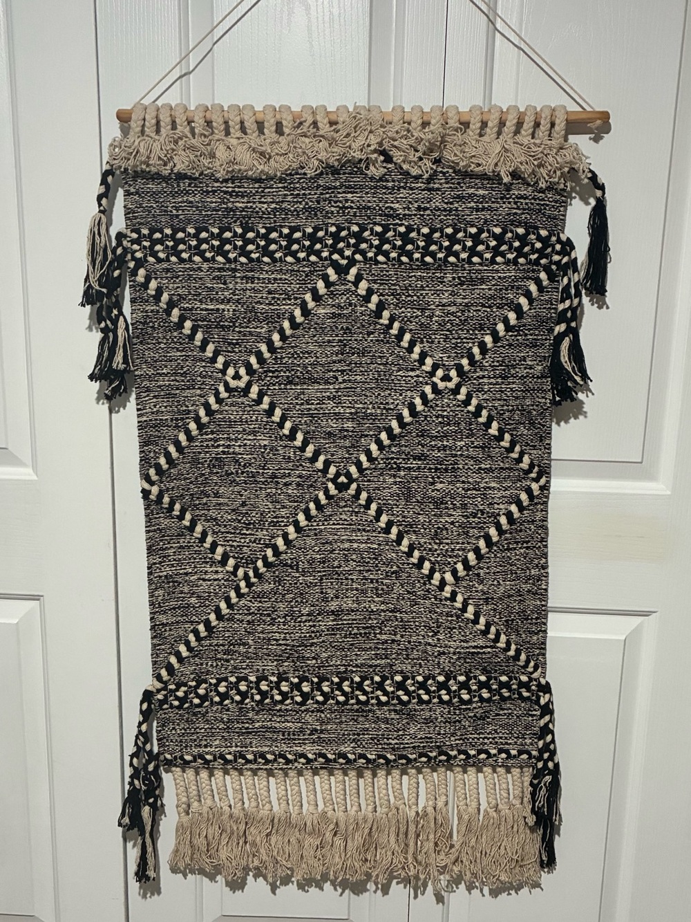 Handmade Boho Decor Black & Beige Woven Wall Hanging w/ Fringe, 25" x 44"